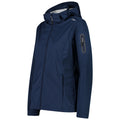 A navy blue jacket is displayed hanging, featuring a hood and multiple pockets, designed for outdoor use, suggesting protection against the elements in various weather conditions.