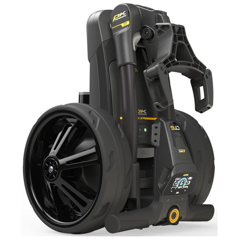 A black and yellow golf push cart stands upright showcasing large sporty wheels and a compact design with a visible control panel and handle for easy maneuverability on the golf course