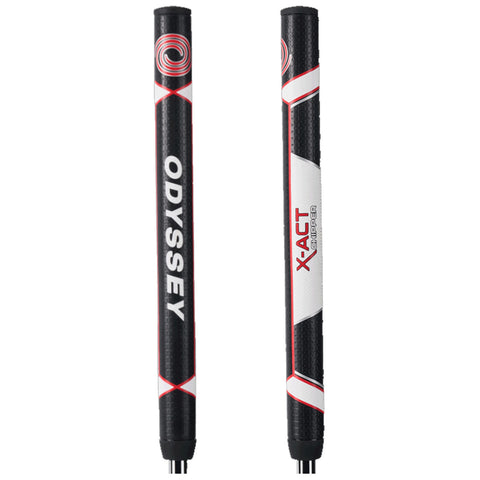 A golf chipper labeled X-Act and Odyssey stands upright showcasing its black and white design with red accents in a neutral background highlighting its sleek features and branding.