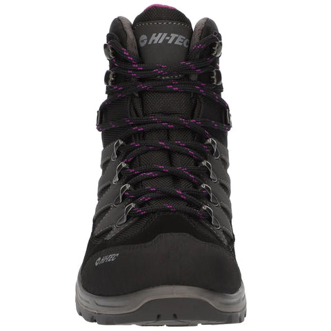 A black hiking boot features purple laces and metal eyelets showcasing a sturdy design suitable for outdoor activities positioned against a plain background suggesting product display or advertisement.