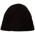 A black knitted beanie sits upright showcasing its ribbed texture and folded cuff designed to provide warmth in cold environments.