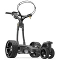 A three-wheeled golf push cart stands upright features a curved handle with controls at the top and large stylish wheels designed for easy maneuverability on golf courses.