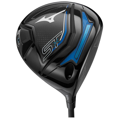 A black golf driver features a sleek design with a textured surface and blue accents showcasing brand details and technology labels positioned against a neutral background.