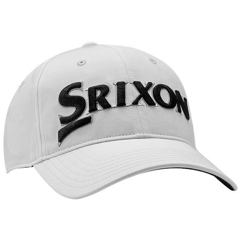 A white baseball cap displays the word Srixon prominently in black lettering across the front with a curved brim suitable for outdoor activities.