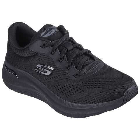 A black athletic shoe is positioned at an angle displaying its mesh upper and cushioned sole highlighting the Skechers logo and Arch Fit branding against a plain background.