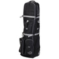 A tall black wheeled travel bag stands upright featuring gray straps and pockets providing capacity to store various items designed for transport and convenience in travel or sports activities