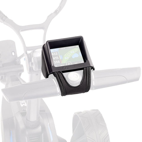 A GPS device is mounted on the handlebars featuring a screen displaying a map with distance markers while connected to an unspecified vehicle in a neutral setting.