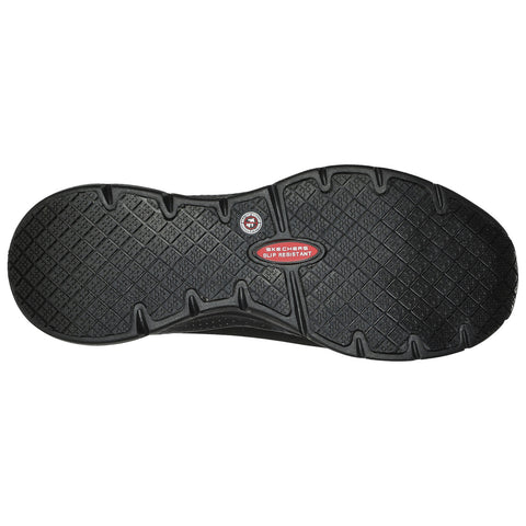 A black shoe sole designed with a textured pattern grips surfaces while featuring a logo indicating slip resistance suitable for various environments like kitchens or workspaces.