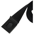 A black fabric belt with a slid-on metal buckle rests horizontally against a plain white background showcasing its adjustable length and sturdy design for securing clothing.