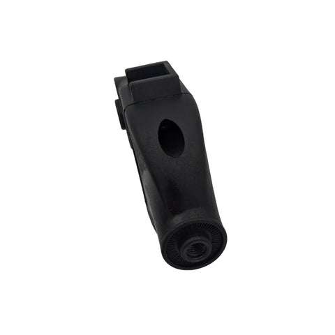 A black whistle sits upright with a mouthpiece at one end and an opening for sound emission. It appears to be isolated against a plain white background.