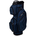 A navy blue golf bag stands upright with multiple zippered pockets and a handle on top, designed for carrying golf clubs and accessories, often used on the golf course.