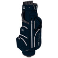 A navy golf bag stands upright featuring multiple zipped pockets for storage and a hard top with a handle for easy carrying in a golfing environment.