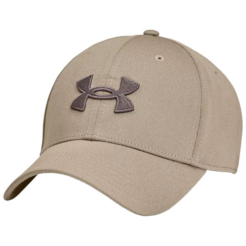 A beige baseball cap features a prominent dark grey logo on the front. It is designed for casual wear and offers shade from sunlight in outdoor environments.