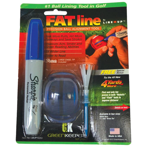 A packaging displays a golf ball alignment tool featuring a blue-topped Sharpie marker and additional components designed to improve golf skills with promotional text highlighting benefits and a special bonus offer.