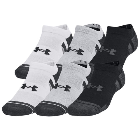 Six pairs of athletic socks are arranged together featuring two white pairs with black accents two grey pairs and two black pairs all displaying the Under Armour logo.