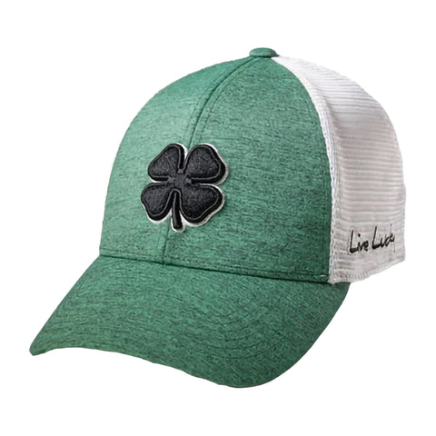 A green baseball cap with a black four-leaf clover emblem on the front and a white mesh back features the text Live Lucky embroidered on the side.