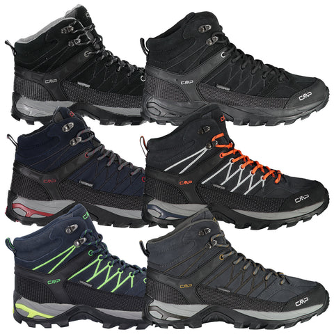 Six pairs of high-top hiking boots are arranged in two columns of three. Each boot varies in color and design, featuring waterproof materials and rugged soles for outdoor activities.