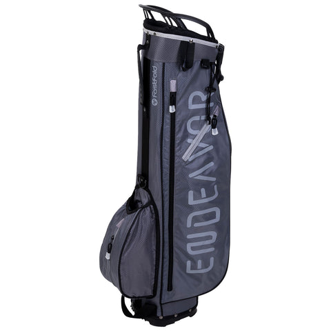 A gray golf bag stands upright featuring multiple compartments for storage and a larger side pocket for accessories displayed on a neutral background. The word "ENDAVOUR" is prominently printed on the bag.