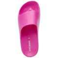 A pink slide sandal is presented from a top view resting flat. It features a wide strap and has the brand name Steve Madden with the size 6 printed inside.