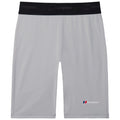 Light gray athletic shorts are displayed flat with a black elastic waistband featuring the brand name at the top and a small logo on the lower right side