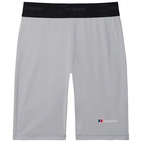 Light gray athletic shorts are displayed flat with a black elastic waistband featuring the brand name at the top and a small logo on the lower right side