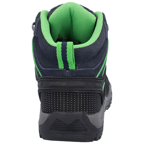 A black and green athletic shoe stands upright showcasing a padded collar and textured back panel in a neutral setting with no visible branding or additional context.