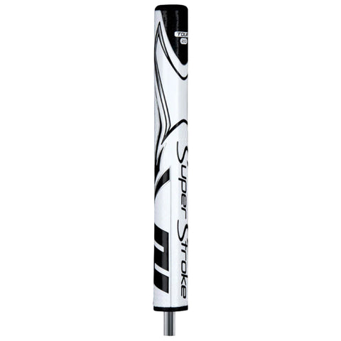 A white and black golf putter grip stands upright showcasing its sleek design and branding while emphasizing a focus on precision and control in a golfing context.