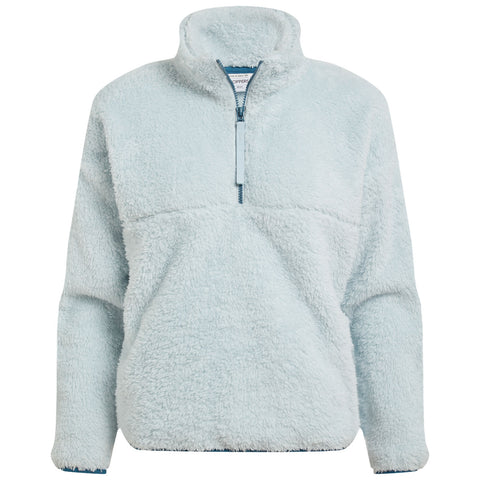 A light blue fleece pullover features a high collar and a quarter-zip closure designed for warmth and comfort suitable for casual wear in cooler environments.