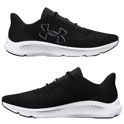 Black athletic shoes with a white sole are displayed from side angles. They feature a sleek design with mesh panels and laces for a secure fit, ideal for running or training.