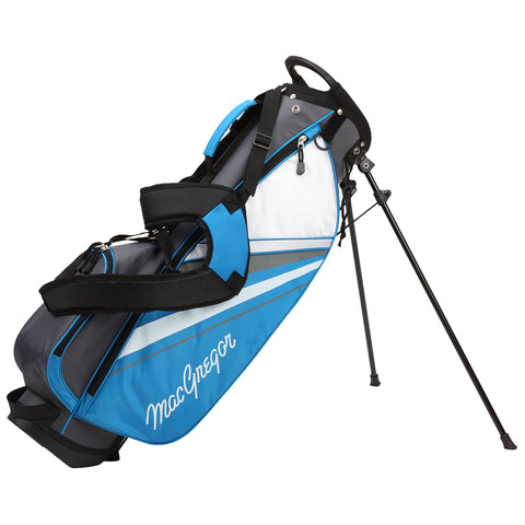 A blue and gray golf bag stands upright on its extended legs holding golf clubs inside and featuring adjustable straps for carrying designed for outdoor sports activities.