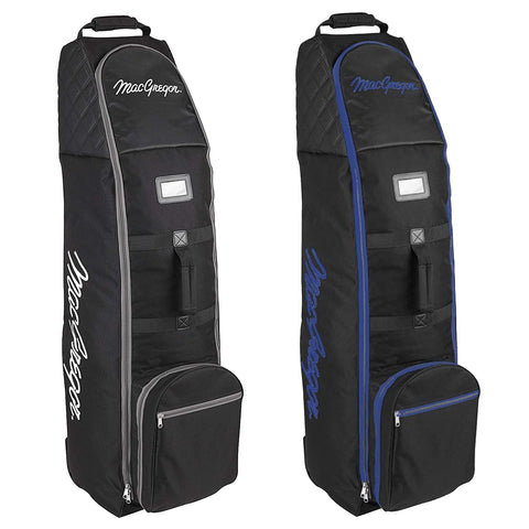 Two golf travel bags stand upright side by side featuring a black design with different colored accents one in gray and the other in blue each equipped with a handle and side pocket.