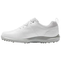 A white athletic shoe lies on a flat surface showcasing its sleek design multi-textured upper and lightweight sole ideal for sport activities in a neutral environment.