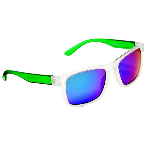 Sunglasses with a clear frame and green arms feature gradient lenses that transition from purple to blue reflecting bright colors in light. They are designed for fashionable sun protection.