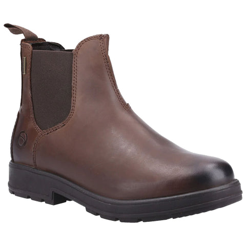 Brown leather ankle boot features elastic sides for easy wear and a sturdy rubber sole designed for comfort and durability against various surfaces. Suitable for casual or formal settings.