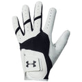 A white and black golf glove is positioned with fingers extended showcasing its grip design and ventilation holes emphasizing functionality and comfort for outdoor activities like golf.