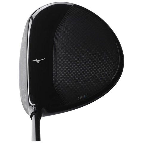 A black golf club head with a smooth surface is positioned at a slight angle showcasing its sleek design and the textured pattern on the striking face.