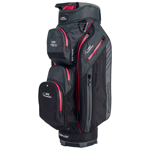 A golf bag stands upright featuring multiple pockets with zippers designed for storage the bag is primarily black with pink accents set against a neutral background.