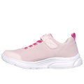 A pink sneaker with a mesh body features a velcro strap and bright laces showcasing a sporty design against a plain white background emphasizing the shoe's details.