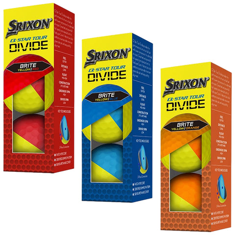 Three boxes of Srixon Q-Star Tour Divide golf balls are displayed. Each box contains two brightly colored golf balls and provides details about feel distance flight and construction.