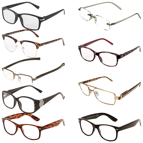 Several pairs of eyeglasses are displayed in a vertical arrangement showcasing various styles and colors including black tortoiseshell and metal frames indicating options for vision correction and fashion accessories.