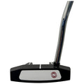 A golf putter is positioned upright showing its head with a flat striking surface and a distinct logo design while a polished shaft rises from the back in a minimalistic background.