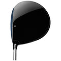 A golf club driver features a large black clubhead with a smooth finish positioned above a silver shaft showcasing modern design elements in a neutral background.