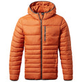 An orange puffer jacket hangs upright showing a hood and zippered pockets highlighting its warm and insulated design suitable for cold weather outdoors.