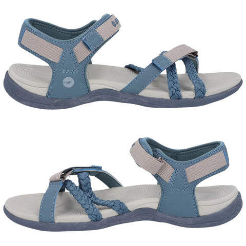 A pair of blue sandals features multiple straps and a braided design with a cushioned footbed. They are displayed from different angles against a plain background.