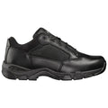 A black athletic shoe features a combination of leather and mesh materials with a sturdy rubber sole. It is designed for comfort and support during various physical activities.