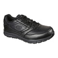 Skechers Mens Nampa Work Shoes A black athletic shoe with a smooth leather exterior and laces is positioned at an angle showcasing its design features suitable for casual or active use.