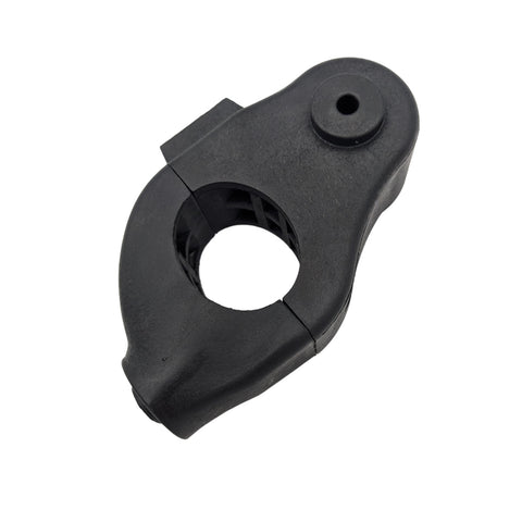 A black plastic clamp with a circular opening is positioned upright showcasing its smooth surface and ergonomic shape designed to securely hold cylindrical objects in place typically used in various mechanical applications.