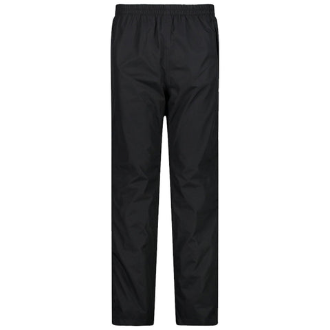 Black waterproof pants are displayed standing upright the material appears slightly shiny indicating it's designed for wet weather conditions the waistband features an elastic design for comfort and fit.