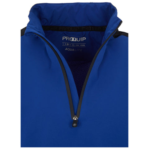 A blue waterproof jacket is displayed with a half-zip opening and a high collar showing the interior mesh lining and brand label with sizes available including small to triple extra-large.