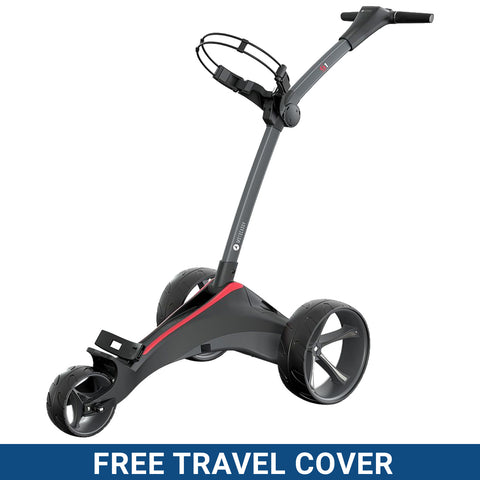 A golf trolley stands upright with large wheels designed for maneuverability attached to a curved handle for pushing it along a course with a promotional banner below stating FREE TRAVEL COVER